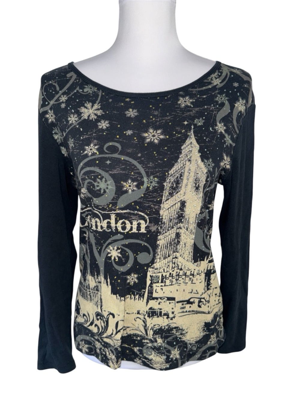 VTG Suzee Petite London Big Ben Graphic Top Rhinestone Long Sleeve PL‎ Whimsy